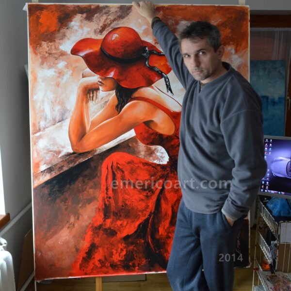Studio photo 2014 - Lady in red painting and Emerico